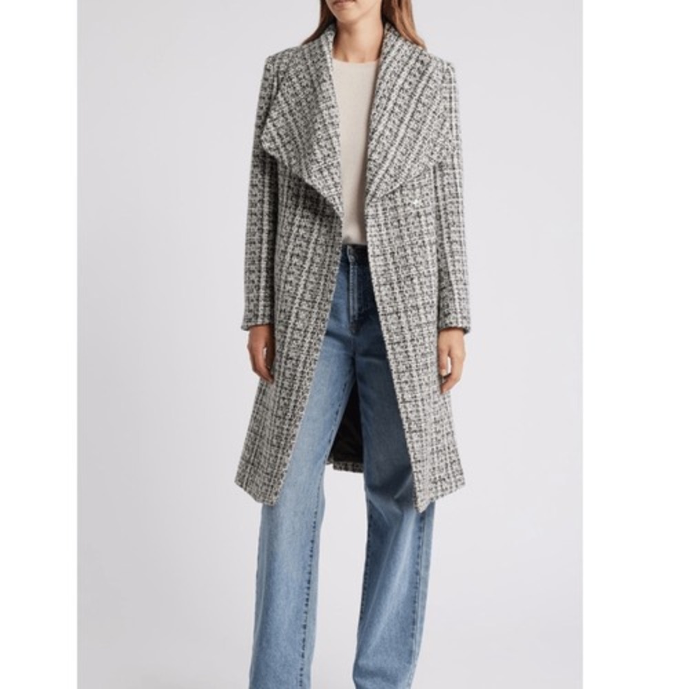 Sam Edelman Tweed Drape Lapel Wrap Coat, Natural Tweed, Black Gray Size 8, NWT - Picture 5 of 15